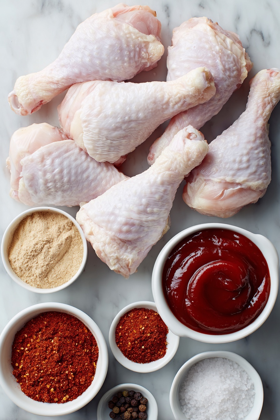 Flat lay of raw chicken drumsticks with smooth, pale skin arranged neatly, a small white ceramic bowl of vibrant deep red BBQ sauce, a small white bowl filled with fine orange-red smoked paprika powder, another small bowl containing light brown garlic powder, a small white bowl with pale beige onion powder, a small bowl of rich reddish-brown chili powder, a small bowl holding pale tan ground ginger, a small white bowl with coarse white salt crystals, a small bowl with whole black peppercorns, all placed symmetrically on a clean white marble surface, soft natural light, photo taken with an iPhone, professional food photography style, fresh ingredients, white ceramic bowls, no bottles, no duplicates, no utensils, no packaging --ar 2:3 --v 7 --p m7354615311229779997 - Baked BBQ Chicken Drumsticks, grilled chicken recipes, easy chicken dinner, weeknight chicken ideas, juicy baked chicken