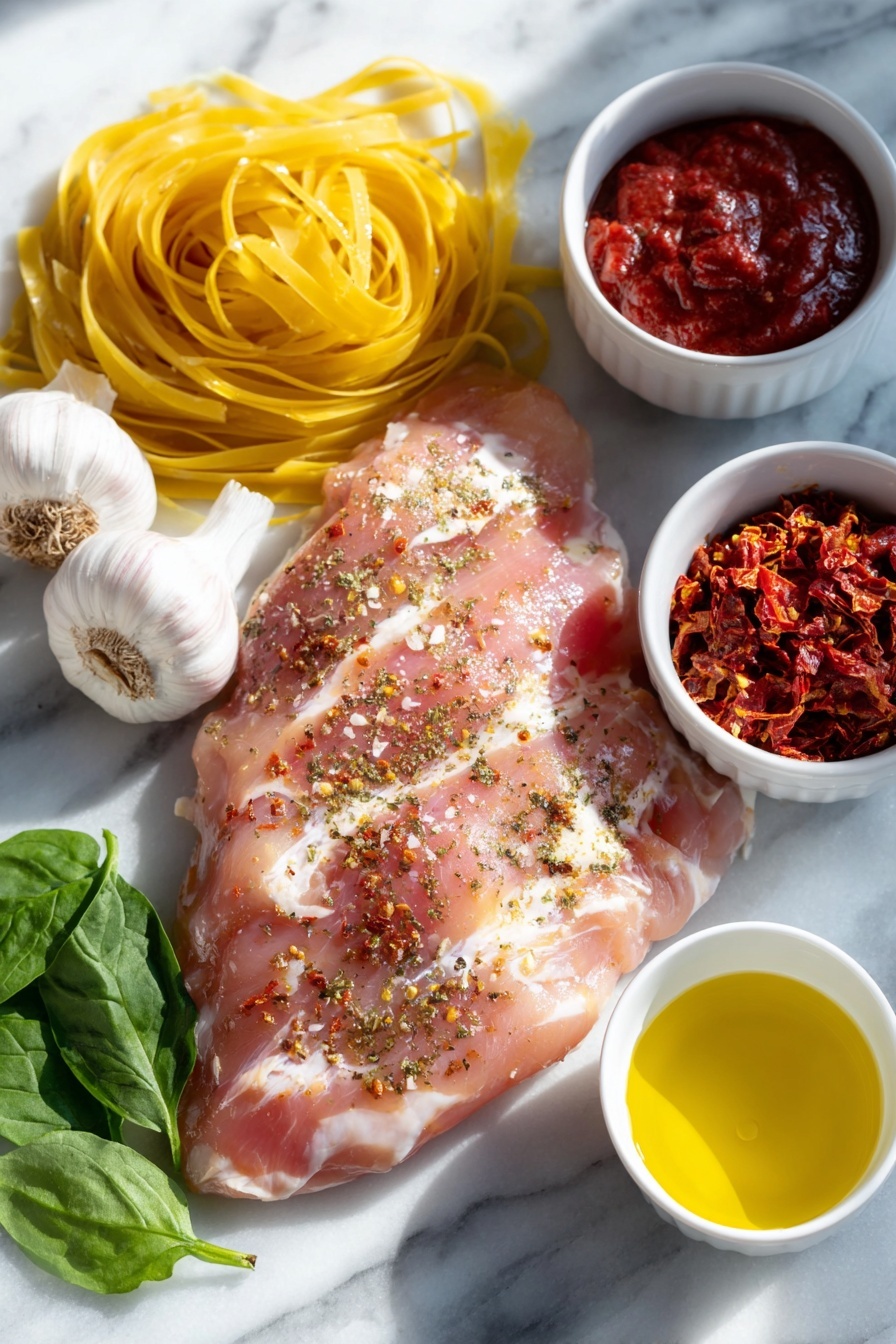 Flat lay of a sliced raw chicken breast lightly dusted with smoked paprika and oregano, three whole uncracked garlic cloves, a small white ceramic bowl with a rich red tomato puree, a small white ceramic bowl of golden sun dried tomato oil, a small white ceramic bowl with smooth butter, a small white ceramic bowl of creamy double/heavy cream, a small white ceramic bowl with clear chicken stock, a mound of uncooked linguine pasta strands neatly arranged, a small pile of finely diced sun dried tomatoes, a small heap of freshly grated parmesan cheese, a small bunch of vibrant fresh basil leaves finely diced, and a handful of fresh baby spinach leaves, all placed on a clean white marble surface, soft natural light, photo taken with an iPhone, professional food photography style, fresh ingredients, white ceramic bowls, no bottles, no duplicates, no utensils, no packaging --ar 2:3 --v 7 --p m7354615311229779997 - Creamy Tuscan Chicken Pasta, Tuscan chicken pasta, creamy pasta recipes, chicken pasta dinner, easy pasta recipes