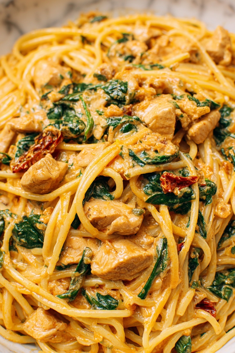 The image shows a close-up of creamy pasta with three main layers. The bottom layer is long, thin spaghetti noodles in a light golden yellow color, twisted and piled together. The middle layer consists of cooked chicken pieces that are light beige with some browning, mixed evenly with the pasta. The top layer is a creamy orange sauce coating everything, with visible small green spinach leaves and tiny pieces of red sun-dried tomatoes scattered throughout, adding bursts of green and red color. The texture looks smooth and slightly thick, covering all the pasta and chicken pieces on a white marbled surface. photo taken with an iphone --ar 2:3 --v 7 - Creamy Tuscan Chicken Pasta, Tuscan chicken pasta, creamy pasta recipes, chicken pasta dinner, easy pasta recipes