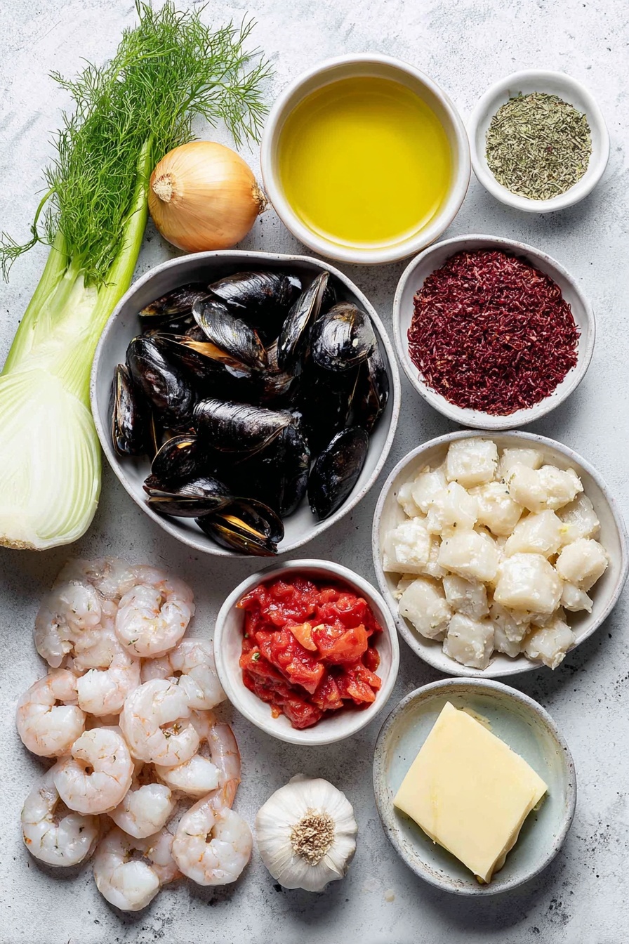 Flat lay of a small white ceramic bowl of golden olive oil, a small white ceramic bowl with a pat of creamy butter, a whole fresh fennel bulb with green fronds, a small whole yellow onion, several whole garlic cloves, tiny piles of dried thyme, paprika, saffron threads, and cayenne pepper arranged separately on the white ceramic surface, a small white ceramic bowl filled with clear dry white wine, a small white ceramic bowl of clam juice, a small white ceramic bowl of bright red diced tomatoes with juices, two fresh green bay leaves, fresh raw halibut fillets cut into chunks, a cluster of shiny black mussels, plump raw sea scallops, peeled and deveined raw shrimp with tails, small bunches of fresh basil and fresh parsley leaves, all ingredients spaced symmetrically and balanced in proportion, placed on a clean white marble surface, soft natural light, photo taken with an iPhone, professional food photography style, fresh ingredients, white ceramic bowls, no bottles, no duplicates, no utensils, no packaging --ar 2:3 --v 7 --p m7354615311229779997 - Simple Bouillabaisse Seafood Soup, seafood stew, easy bouillabaisse, quick seafood soup, Mediterranean seafood recipes