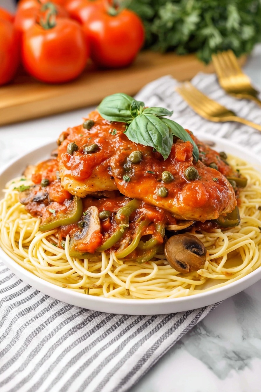 A white plate holds a bed of light yellow spaghetti, topped with cooked green bell peppers, sliced brown mushrooms, and a rich red tomato sauce speckled with green capers and herbs. On top of the pasta sits a piece of chicken covered in the same tomato sauce, with visible herbs and capers on it. A fresh green basil leaf garnishes the chicken, adding contrast to the warm colors. In the background, bright red tomatoes and green herbs rest softly out of focus, all set on a white marbled surface. Gold utensils lie beside the plate on a striped white and grey cloth. Photo taken with an iphone --ar 2:3 --v 7 - Slow Cooker Chicken Cacciatore, Italian Chicken Curry, Easy Chicken Thigh Dinner, Hearty Slow Cooker Recipes, Chicken and Vegetable Stew