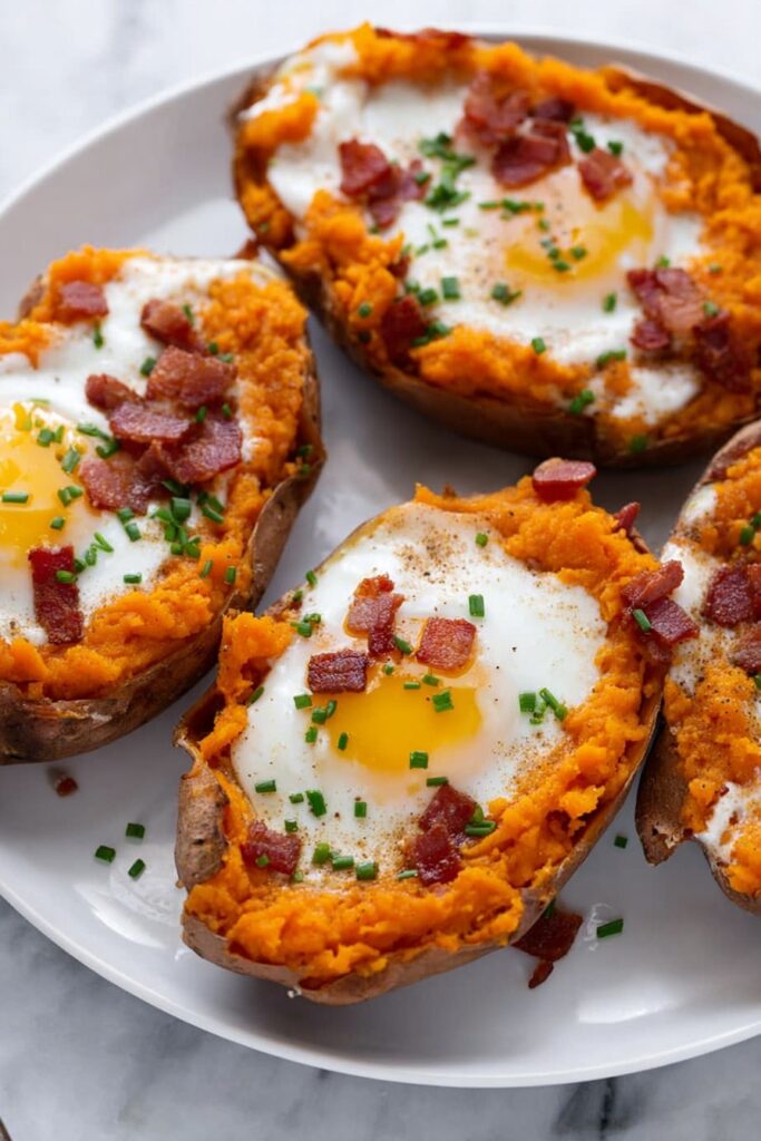 Sweet Potato Breakfast Boats with Bacon and Egg Recipe