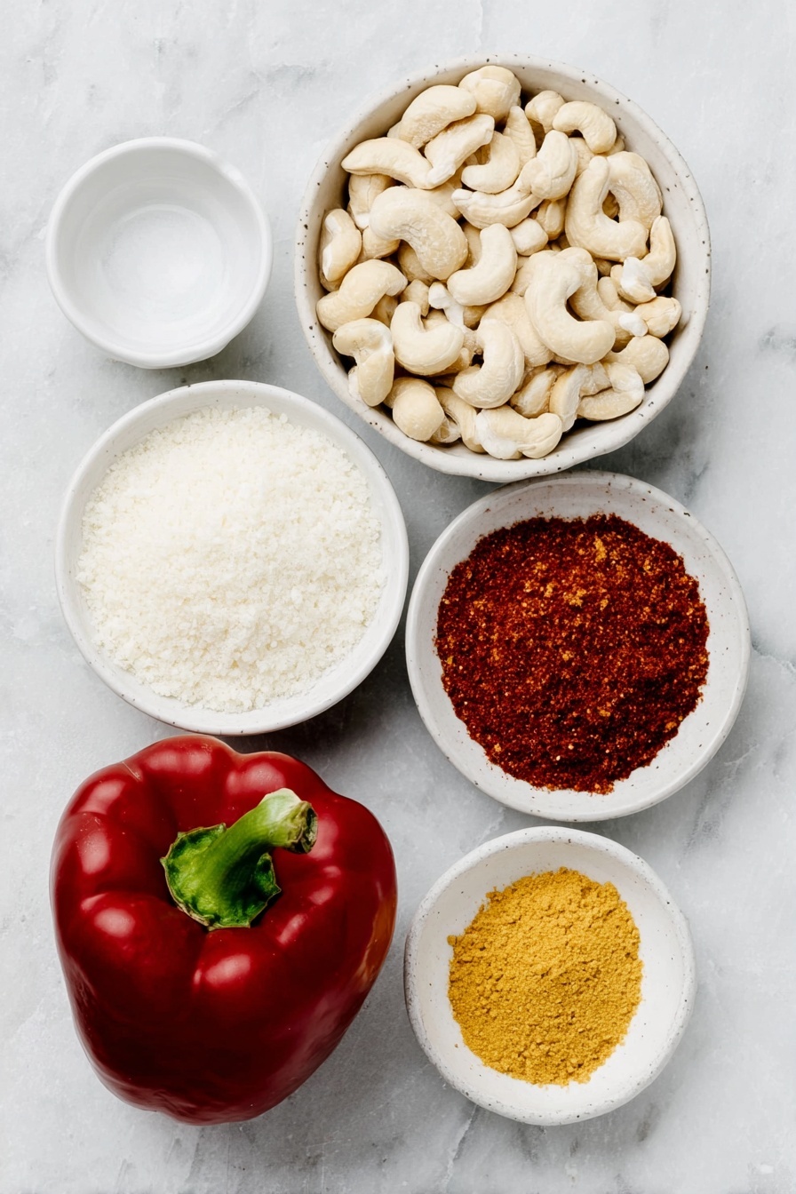 Flat lay of a fresh whole red bell pepper, a small white ceramic bowl filled with raw cashew nuts, a small white ceramic bowl of water, a small white ceramic bowl of nutritional yeast flakes, a small white ceramic bowl of salt crystals, a small white ceramic bowl of golden onion powder, a small white ceramic bowl of bright yellow ground turmeric, a small white ceramic bowl with a tiny amount of finely ground nutmeg, and a nest of uncooked spaghetti pasta arranged symmetrically, all placed on a clean white marble surface, soft natural light, photo taken with an iPhone, professional food photography style, fresh ingredients, white ceramic bowls, no bottles, no duplicates, no utensils, no packaging --ar 2:3 --v 7 --p m7354615311229779997 - Red Pepper Cashew Alfredo Sauce, vegan Alfredo sauce, dairy-free pasta sauce, roasted red pepper sauce, cashew cream sauce