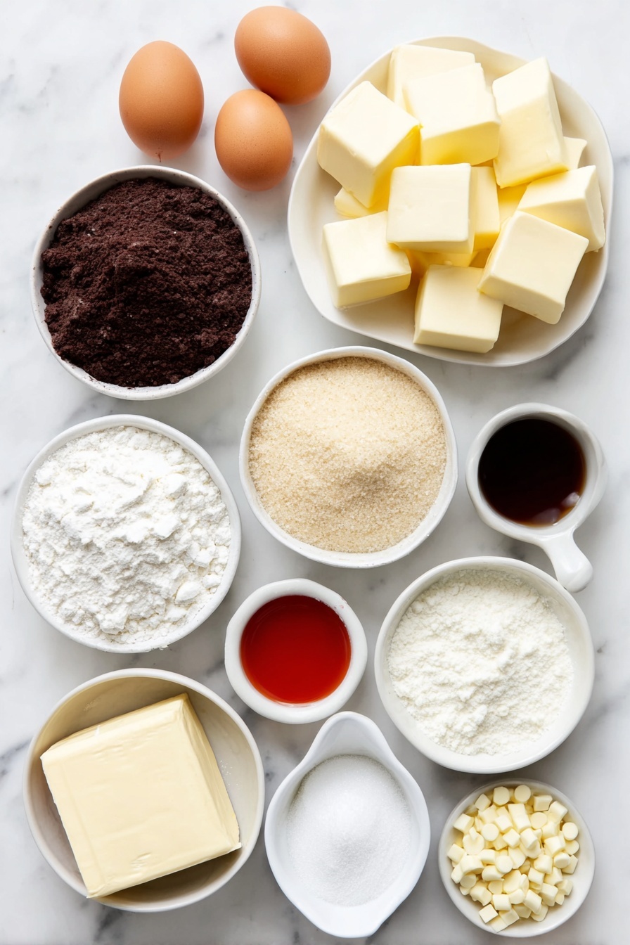 Flat lay of a small pile of soft unsalted butter cubes, a heap of golden brown sugar, a separate pile of white granulated sugar, two whole brown eggs with clean shells, a small white bowl of clear vanilla extract, a small white bowl with vibrant red food coloring gel, a mound of rich dark unsweetened cocoa powder, a neat pile of all-purpose flour, a white ceramic spoon-shaped dish holding fine white baking soda powder, a small white bowl of cornstarch, a tiny heap of coarse white salt, a scattered handful of creamy white chocolate chips, a block of smooth cream cheese, a small white bowl filled with fine powdered sugar, and a small white bowl containing pale vanilla bean paste placed on a clean white marble surface, soft natural light, photo taken with an iPhone, professional food photography style, fresh ingredients, white ceramic bowls, no bottles, no duplicates, no utensils, no packaging --ar 2:3 --v 7 --p m7354615311229779997 - Red Velvet Cheesecake Cookies, red velvet cookie recipes, cheesecake stuffed cookies, easiest red velvet cookies, decadent dessert recipes