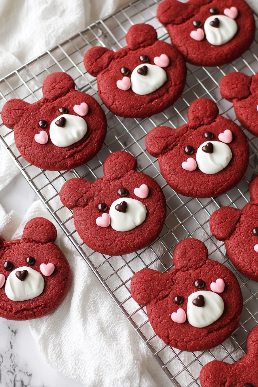 The image shows several red bear-shaped cookies laid out on a silver cooling rack and a white marbled surface with a soft white cloth nearby. Each cookie has two smaller rounded ears attached to a larger circular face, all in a deep red color with a slightly cracked texture. The bears' faces are decorated with white icing forming a rounded muzzle and two round ears, small dark chocolate dots as eyes and nose, and small pink heart shapes for cheeks. The cookies have a soft, slightly puffy look with a matte finish. Photo taken with an iphone --ar 2:3 --v 7 - Red Velvet Bear Cookies, cute cookie recipes, soft chewy cookies, Valentine’s Day treats, bear shaped cookies