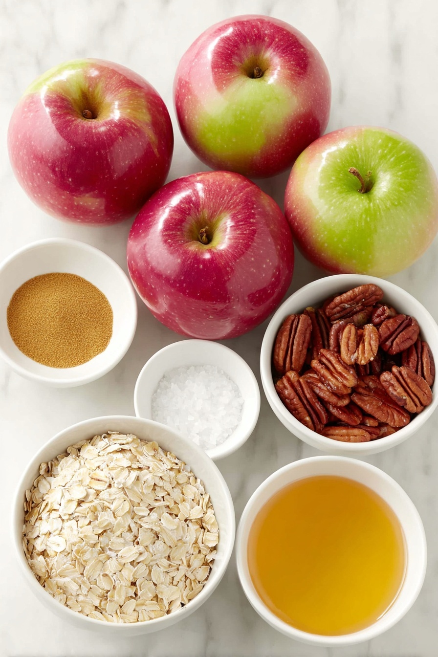 Flat lay of six whole sweet apples with shiny red and green skins, a small white bowl of golden cinnamon powder, a tiny white bowl with a pinch of salt crystals, a small white bowl containing melted golden coconut oil, a small white bowl filled with rolled oats, a small white bowl holding whole pecans with deep brown shells, a small white bowl with glossy amber honey, placed on a clean white marble surface, soft natural light, photo taken with an iPhone, professional food photography style, fresh ingredients, white ceramic bowls, no bottles, no duplicates, no utensils, no packaging --ar 2:3 --v 7 --p m7354615311229779997 - Healthy Apple Crumble Breakfast, healthy breakfast ideas, nutritious apple crumble, wholesome breakfast recipes, easy healthy morning recipes