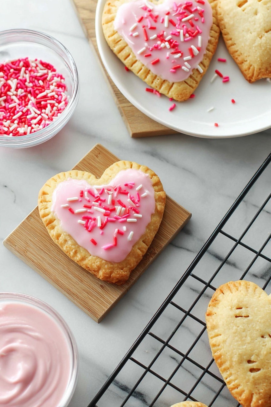 The image shows six small heart-shaped pastries arranged on a black cooling rack over a white marbled surface. Each pastry has two layers of golden-baked dough with fork-pressed edges. The top layer is decorated with light pink icing that covers most of the surface and drips slightly over the edges. On top of the icing, there are scattered red and darker pink sprinkles, adding texture and color contrast. A bit of the white marbled surface and part of a red and white cloth are visible in the bottom right corner. photo taken with an iphone --ar 2:3 --v 7 - Homemade Strawberry Pop Tarts, Strawberry Pop Tarts from scratch, Flaky homemade pop tarts, Easy strawberry pastry treats, Homemade breakfast pastries