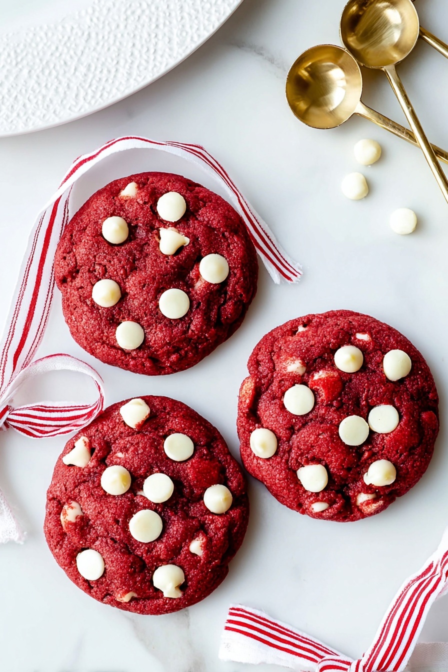The image shows four red cookies with white chocolate chips on a white marbled surface. One cookie is whole with white chocolate chips visible on top, while two cookies are split open, showing a creamy white filling inside the rich red dough. The cookies are thick, with a soft and dense texture. There is a white plate with a scalloped edge and some golden measuring spoons with white handles nearby. A white cloth with red stripes is partially visible in the bottom left and right corners. Photo taken with an iphone --ar 2:3 --v 7 - Red Velvet Cheesecake Cookies, red velvet cookie recipes, cheesecake stuffed cookies, easiest red velvet cookies, decadent dessert recipes