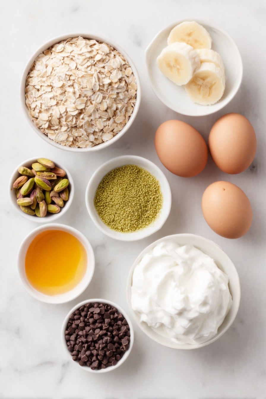 Flat lay of a small pile of rolled oats, a cup of plain Greek yogurt in a simple white ceramic bowl, a few tablespoons of bright green instant pistachio pudding powder in a small white bowl, a small white bowl filled with tiny black chia seeds, two whole uncracked brown eggs, a small white bowl of smooth honey with a golden hue, a few halves of fresh green pistachios scattered neatly, a perfectly peeled and sliced banana arranged in a fan shape, dark chocolate chips clustered in a small white bowl, and a dollop of fluffy whipped cream in another white ceramic bowl, all placed on a clean white marble surface, soft natural light, photo taken with an iPhone, professional food photography style, fresh ingredients, white ceramic bowls, no bottles, no duplicates, no utensils, no packaging --ar 2:3 --v 7 --p m7354615311229779997 - Creamy Pistachio Overnight Oats with Protein, pistachio overnight oats, healthy breakfast oats, protein-packed overnight oats, gourmet pistachio oats