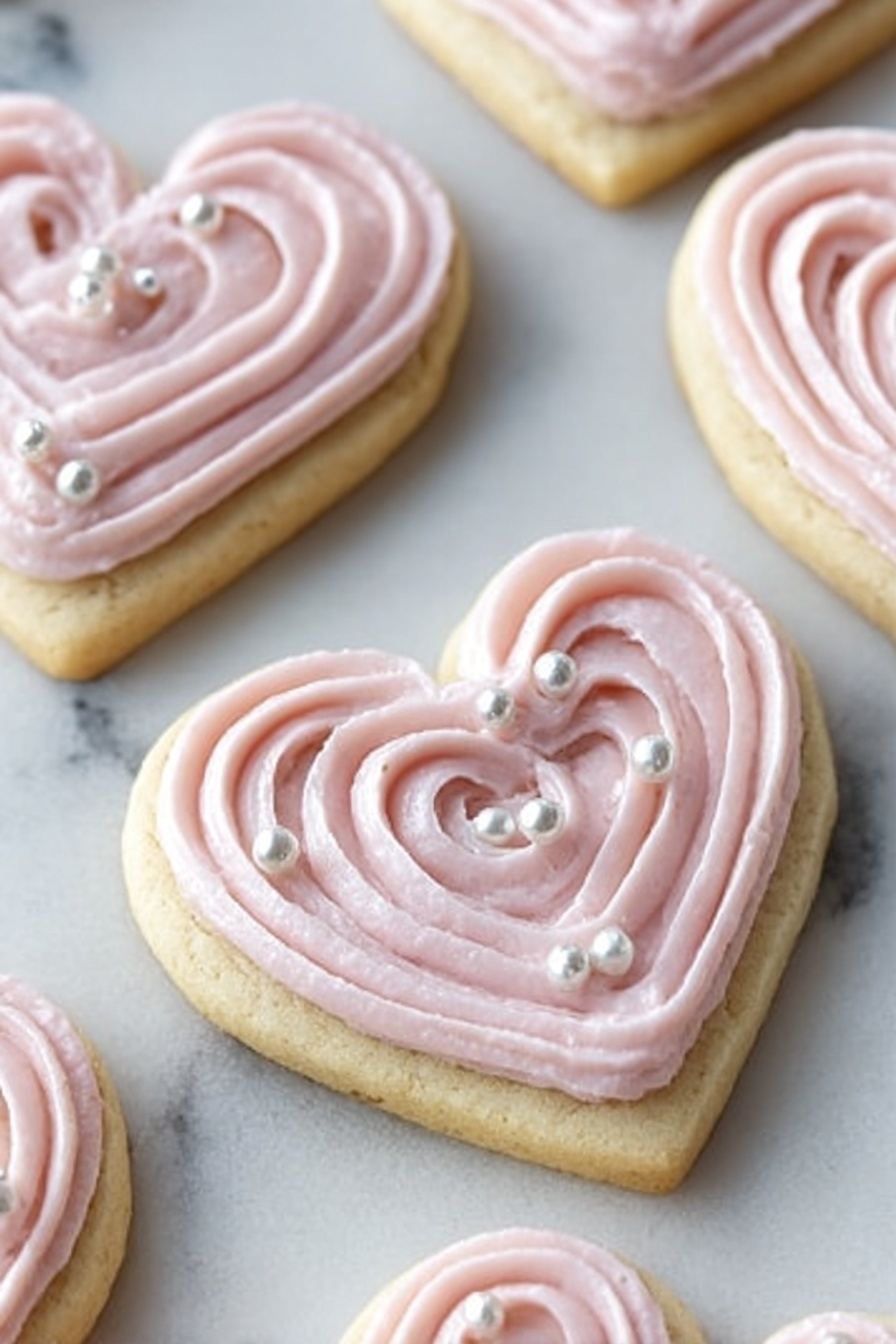 The image shows several heart-shaped cookies on a white marbled surface. Each cookie has one main layer of pale yellow dough topped with a thick layer of pale pink frosting. The frosting is piped in smooth, rounded swirls following the heart shape, creating a soft texture. Small white and silver edible pearls are scattered across the frosting, adding decorative spots. The cookies are arranged close to each other, filling the frame. photo taken with an iphone --ar 2:3 --v 7 - Soft Sour Cream Sugar Cookies with Cream Cheese Frosting, sour cream sugar cookies, cream cheese frosting cookies, tender sugar cookie recipes, easiest holiday cookies