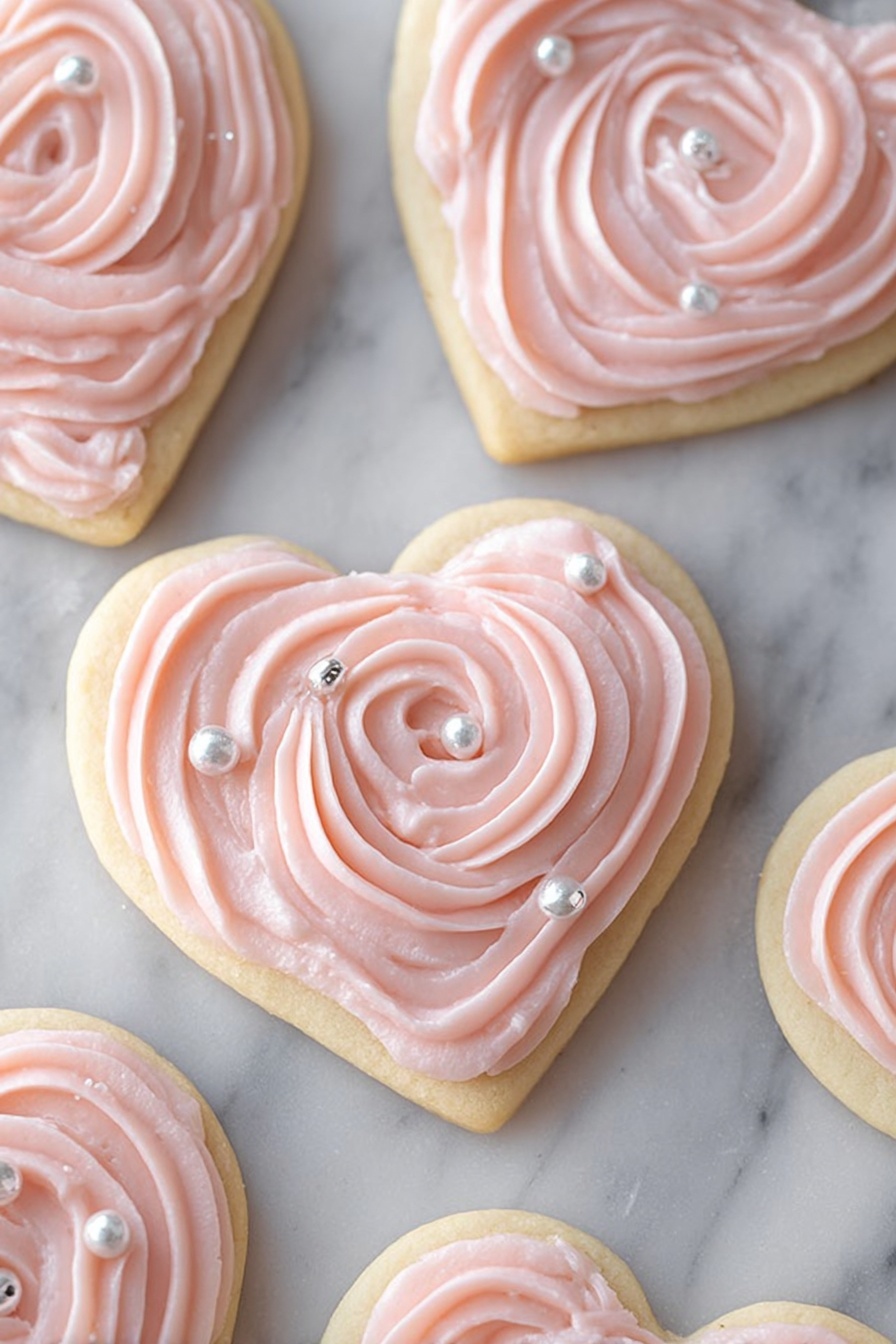 The image shows heart-shaped cookies topped with light pink frosting arranged on a white marbled surface. Each cookie has one thick base layer of golden-baked dough with a smooth texture, and the frosting is piped in tight, even swirls that follow the heart shape, creating a raised, soft layer. Small shiny white and silver pearl sprinkles are scattered on top of and around the frosting, adding a delicate touch of decoration. The cookies have soft edges, and the frosting looks creamy and smooth. Photo taken with an iphone --ar 2:3 --v 7 - Soft Sour Cream Sugar Cookies with Cream Cheese Frosting, sour cream sugar cookies, cream cheese frosting cookies, tender sugar cookie recipes, easiest holiday cookies