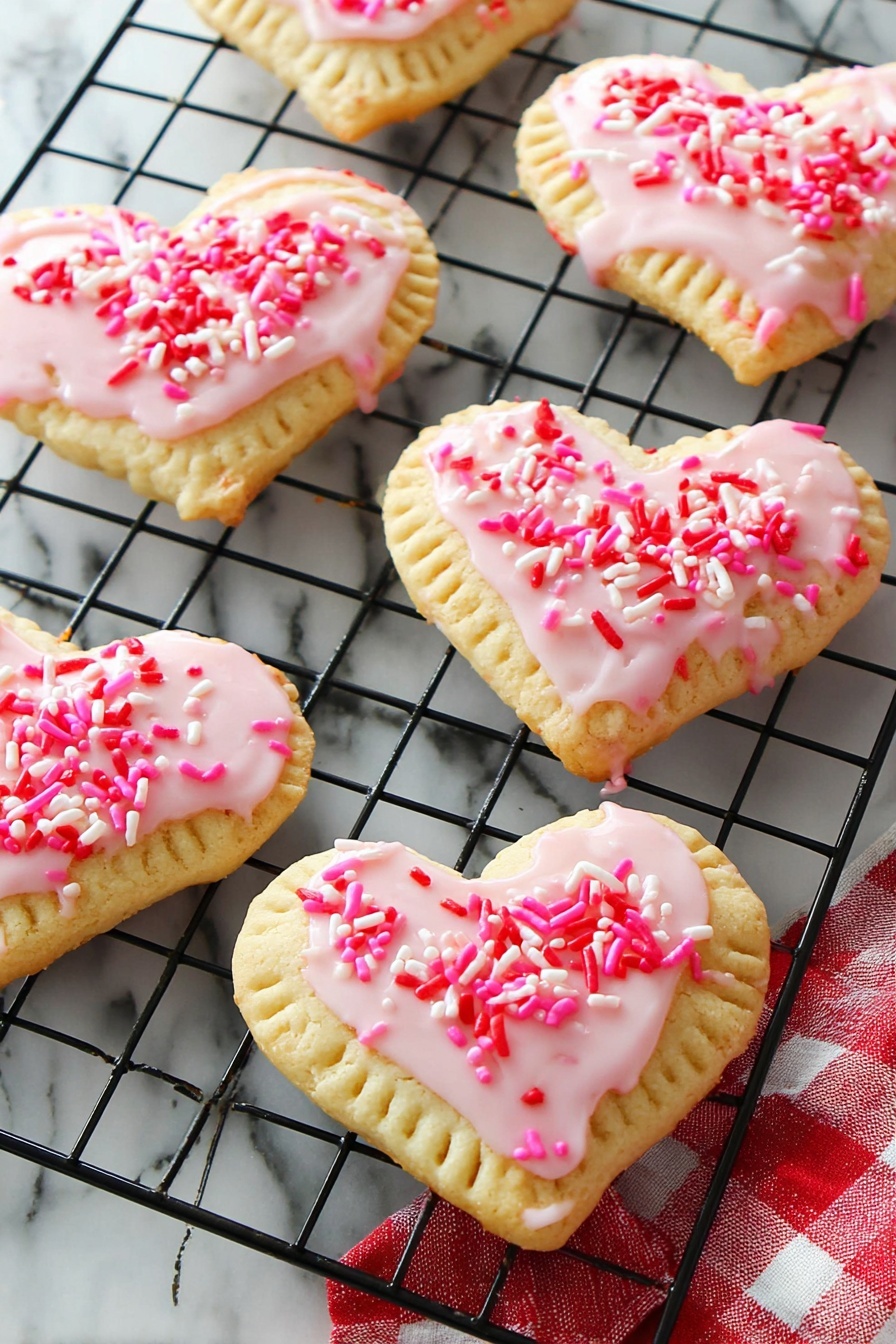 The image shows three heart-shaped pastries, two of them on a wooden board and one on a black cooling rack. The two on the board have a light golden crust, topped with a smooth layer of light pink icing and sprinkled with red and pink oblong sprinkles evenly spread. The third pastry on the rack has no icing or sprinkles and has a golden brown crust with small fork marks around the edges and fork pierced holes on top. A white bowl filled with red and pink sprinkles is placed on the white marbled surface along with a clear glass bowl of pink icing nearby. The scene has a clean, bright look with all items placed on a white marbled background. photo taken with an iphone --ar 2:3 --v 7 - Homemade Strawberry Pop Tarts, Strawberry Pop Tarts from scratch, Flaky homemade pop tarts, Easy strawberry pastry treats, Homemade breakfast pastries