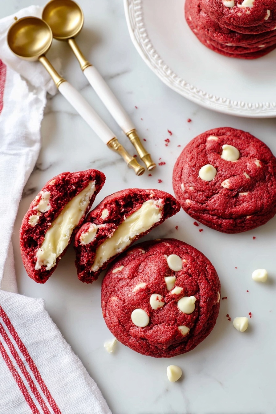 Three round red velvet cookies with white chocolate chips placed on a white marbled surface. Each cookie is thick with a soft texture, showing white chips scattered unevenly on the top layer. The cookies are arranged loosely with some space between them. Around the cookies are white ribbons with red stripes tied in simple bows, adding a festive touch. On the top left corner, part of a white plate with a textured edge is visible, and in the top right corner, some gold and white measuring spoons rest on the surface. photo taken with an iphone --ar 2:3 --v 7 - Red Velvet Cheesecake Cookies, red velvet cookie recipes, cheesecake stuffed cookies, easiest red velvet cookies, decadent dessert recipes