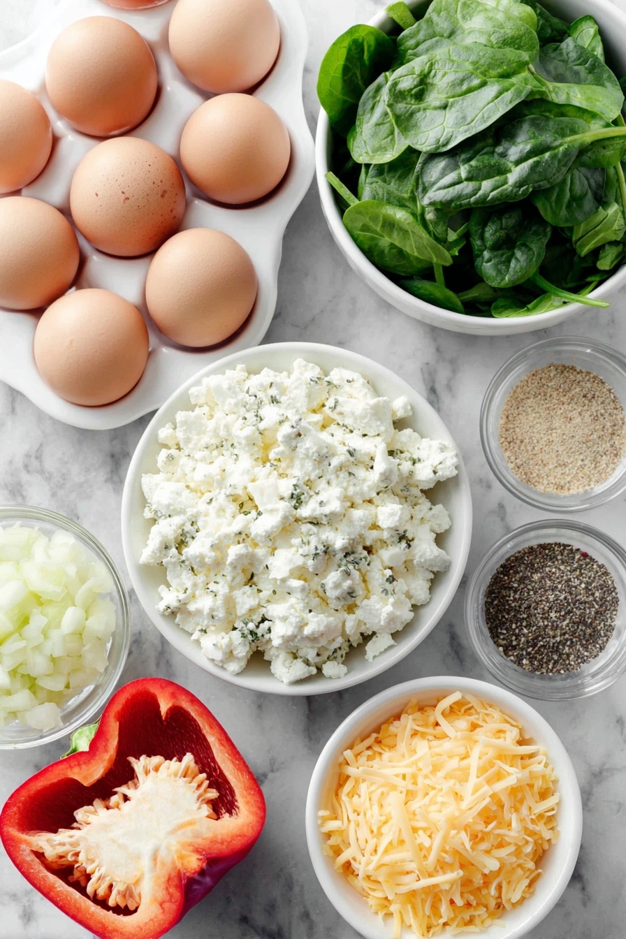 Flat lay of twelve whole uncracked brown eggs arranged in a neat cluster, a small white ceramic bowl filled with fresh full-fat cottage cheese, a large red bell pepper sliced to show diced pieces scattered beside it, a small white bowl of finely diced yellow onion, a pile of vibrant chopped spinach leaves, a small white bowl holding shredded pale yellow gruyere or gouda cheese, another small white bowl with bright orange shredded cheddar cheese, and tiny heaps of dried garlic powder, Italian seasoning, coarse kosher salt, and ground black pepper each placed separately on the white ceramic surface, all ingredients fresh and natural, perfectly spaced and symmetrical, placed on a clean white marble surface, soft natural light, photo taken with an iPhone, professional food photography style, fresh ingredients, white ceramic bowls, no bottles, no duplicates, no utensils, no packaging --ar 2:3 --v 7 --p m7354615311229779997 - High-Protein Cottage Cheese Egg Bake, protein breakfast ideas, healthy egg bake recipes, easy high-protein breakfast, make-ahead egg casserole