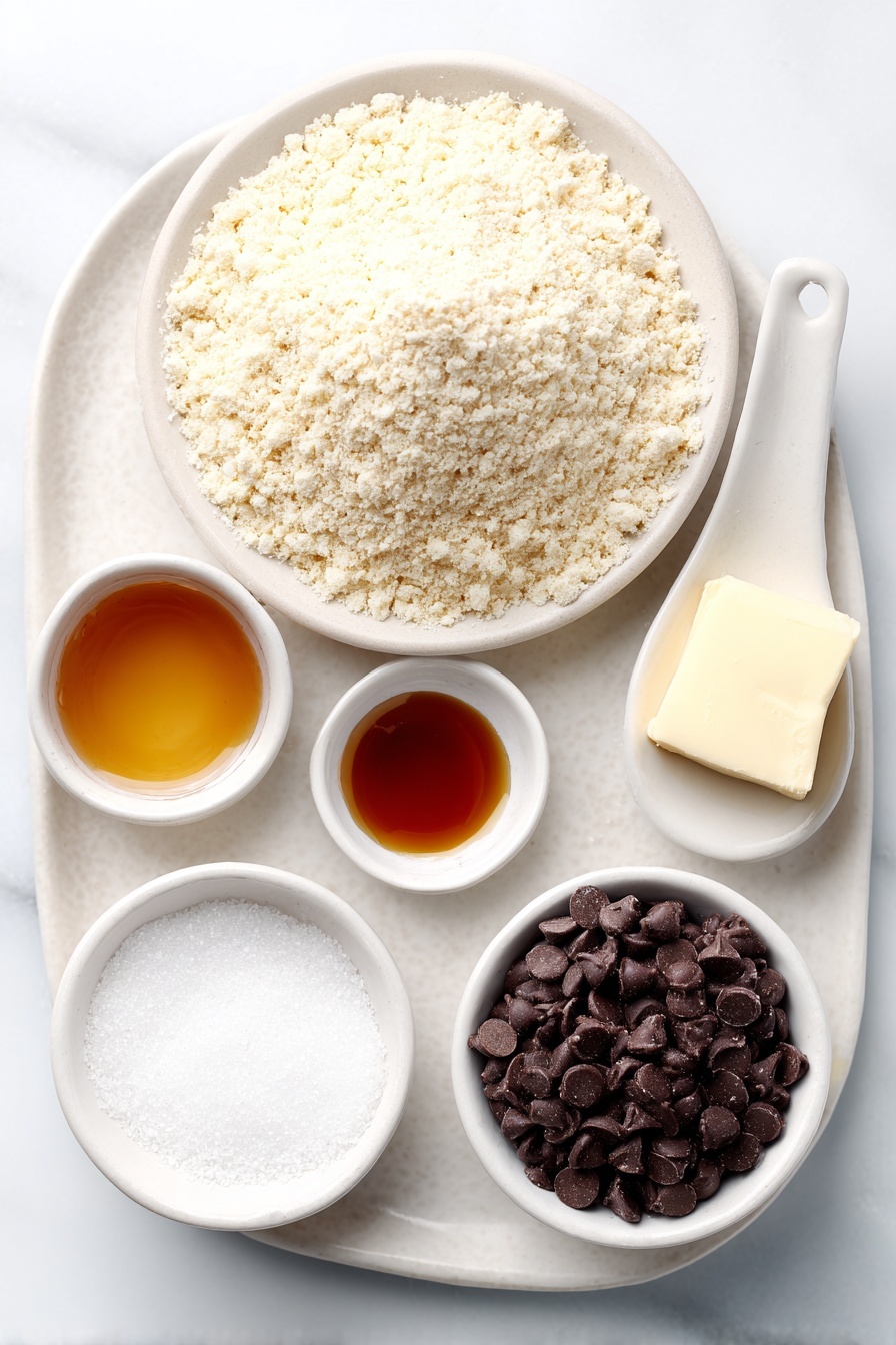 Flat lay of a small mound of blanched almond flour on a white ceramic plate, a small white bowl with fine coconut flour, a small white bowl containing melted vegan butter with a golden sheen, a small white bowl filled with amber maple syrup, a small white bowl holding clear vanilla extract, a tiny pinch of salt displayed as a small pile of fine white grains on a white ceramic spoon-shaped dish, and a handful of glossy dark chocolate chips on a white ceramic plate, all arranged symmetrically and naturally placed on a clean white marble surface, soft natural light, photo taken with an iPhone, professional food photography style, fresh ingredients, white ceramic bowls, no bottles, no duplicates, no utensils, no packaging --ar 2:3 --v 7 --p m7354615311229779997 - Vegan Cookie Dough Bites, vegan cookie dough snack, healthy vegan treats, no bake vegan dessert, vegan sweet bites