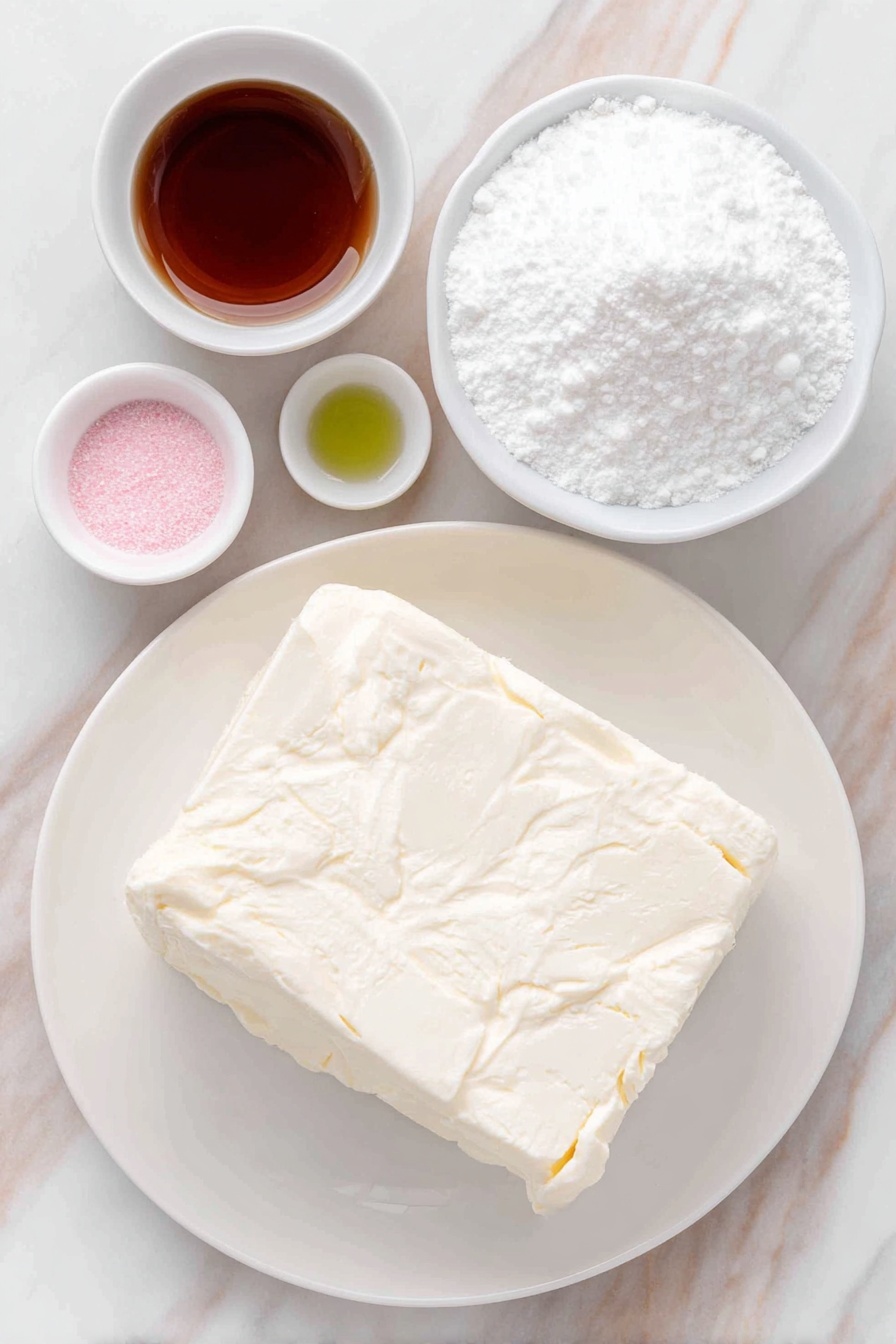 Flat lay of a small block of fresh cream cheese, a quarter cup of unsalted butter on a simple white ceramic plate, a small white bowl filled with fine confectioners’ sugar, a tiny white bowl holding clear peppermint extract, and a few drops of vibrant pastel pink, green, and yellow food coloring resting nearby, all arranged with perfect symmetry and balanced proportions on a clean white marble surface, soft natural light, photo taken with an iPhone, professional food photography style, fresh ingredients, white ceramic bowls, no bottles, no duplicates, no utensils, no packaging --ar 2:3 --v 7 --p m7354615311229779997 - Valentine's Cream Cheese Mints, homemade Valentine mints, DIY pink and pastel mints, easy Valentine candy, soft mint treats for Valentine's Day