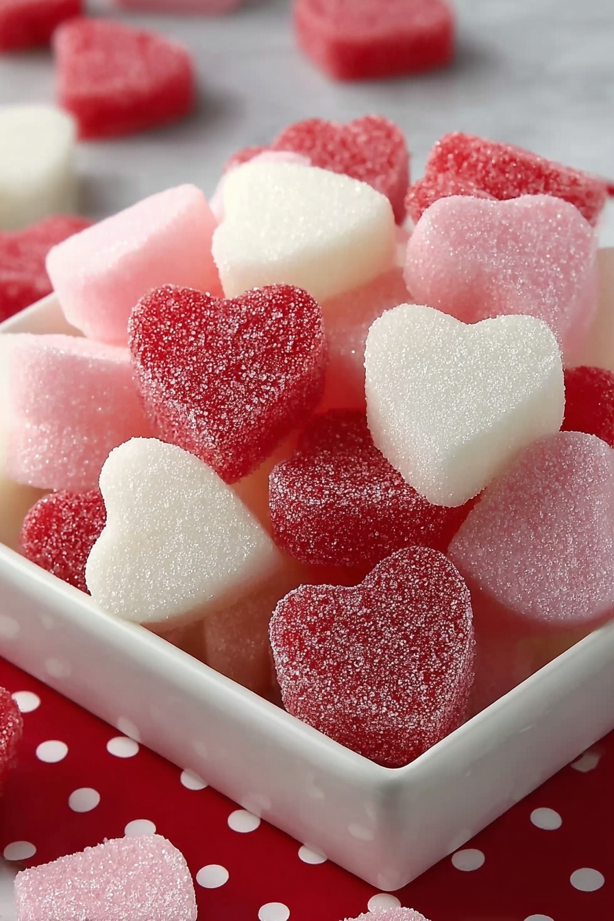 The image shows many heart-shaped candies piled together, with three colors: red, pink, and white. Each candy has a sugar-coated texture that makes it sparkle. The candies are closely packed, creating a mix of colors where red hearts are the most common, pink hearts are in the middle, and white hearts appear throughout. The surface looks smooth but covered with sugar grains, adding a slightly rough look. photo taken with an iphone --ar 2:3 --v 7 - Valentine's Cream Cheese Mints, homemade Valentine mints, DIY pink and pastel mints, easy Valentine candy, soft mint treats for Valentine's Day
