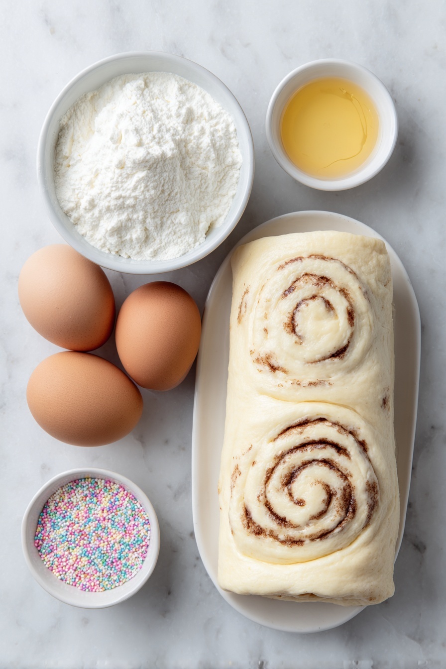 Flat lay of a small mound of pale beige raw cinnamon roll dough, soft and slightly floured, a few colorful round sprinkles scattered beside it, a small white ceramic bowl filled with smooth white icing, placed on a clean white marble surface, soft natural light, photo taken with an iPhone, professional food photography style, fresh ingredients, white ceramic bowls, no bottles, no duplicates, no utensils, no packaging --ar 2:3 --v 7 --p m7354615311229779997 - Heart-Shaped Cinnamon Rolls, Cinnamon Rolls Recipe, Valentine's Day Breakfast Ideas, Easy Cinnamon Roll Tutorial, Adorable Breakfast Recipes