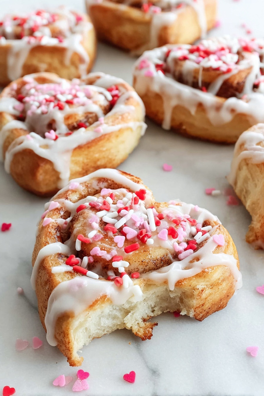 A heart-shaped cookie with a golden-brown base is decorated with white icing drizzled across its top in thin, uneven lines. The cookie is sprinkled generously with red, pink, and white sprinkles, which include small hearts, rods, and dots scattered both on the cookie and around it on a white marbled surface. The texture of the cookie looks soft with slight ridges, and the overall scene is bright and clean. Photo taken with an iphone --ar 2:3 --v 7 - Heart-Shaped Cinnamon Rolls, Cinnamon Rolls Recipe, Valentine's Day Breakfast Ideas, Easy Cinnamon Roll Tutorial, Adorable Breakfast Recipes