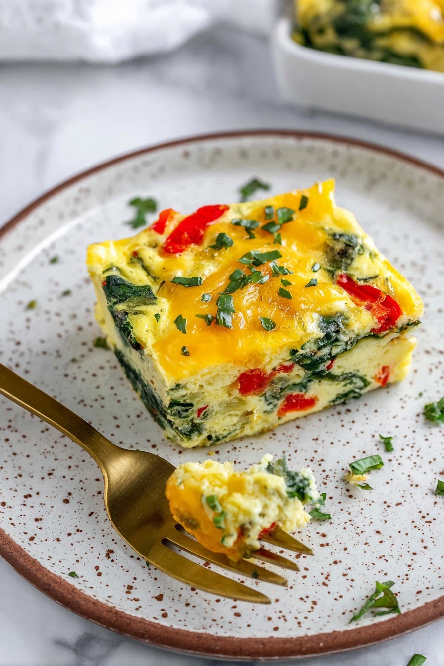 The image shows a square piece of baked egg dish with three visible layers. The bottom layer is light yellow and soft, the middle layer has green spinach leaves and red bell pepper pieces, and the top layer is covered with melted yellow cheese sprinkled with chopped green herbs. The piece sits on a round white plate with brown speckles. There are some green herb pieces scattered around on the plate. A golden fork with a small bite of the dish rests on the plate near the piece. The background is a white marbled texture. photo taken with an iphone --ar 2:3 --v 7 - High-Protein Cottage Cheese Egg Bake, protein breakfast ideas, healthy egg bake recipes, easy high-protein breakfast, make-ahead egg casserole