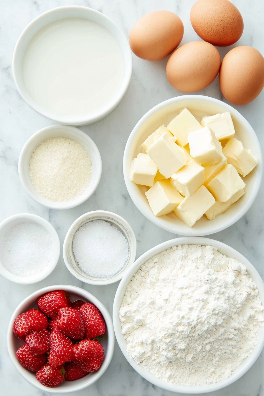 Flat lay of a small white ceramic bowl of water, a small white ceramic bowl of whole milk, a small white ceramic bowl of unsalted butter cubes, a small white ceramic bowl of granulated sugar, a small white ceramic bowl of salt, a small white ceramic bowl of bread flour, four large whole uncracked eggs with clean shells, a small white ceramic bowl of pureed fresh strawberries, a small white ceramic bowl of powdered sugar, a small white ceramic bowl of freeze-dried strawberry bits, placed on a clean white marble surface, soft natural light, photo taken with an iPhone, professional food photography style, fresh ingredients, white ceramic bowls, no bottles, no duplicates, no utensils, no packaging --ar 2:3 --v 7 --p m7354615311229779997 - Strawberry Glazed French Crullers, homemade crullers with strawberry glaze, easy French crullers, airy donut recipes, strawberry glaze dessert