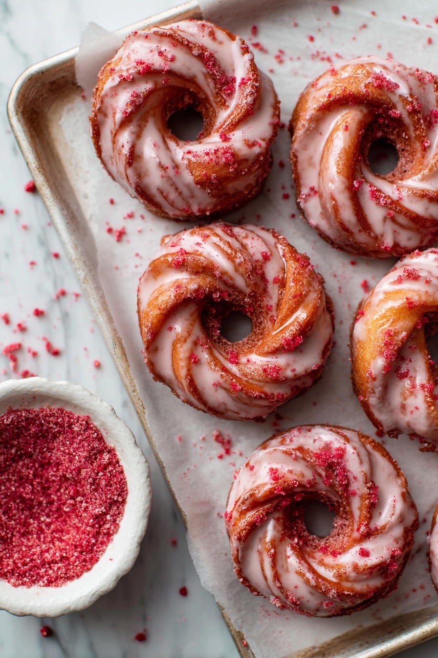 The image shows six round, twisted donuts on a white tray with parchment paper. Each donut has a light pink shiny glaze drizzled over the top and is dusted with red crumbs. There is a small white bowl filled with the same red crumbs at the bottom left corner. The background is a white marbled texture. photo taken with an iphone --ar 2:3 --v 7 - Strawberry Glazed French Crullers, homemade crullers with strawberry glaze, easy French crullers, airy donut recipes, strawberry glaze dessert