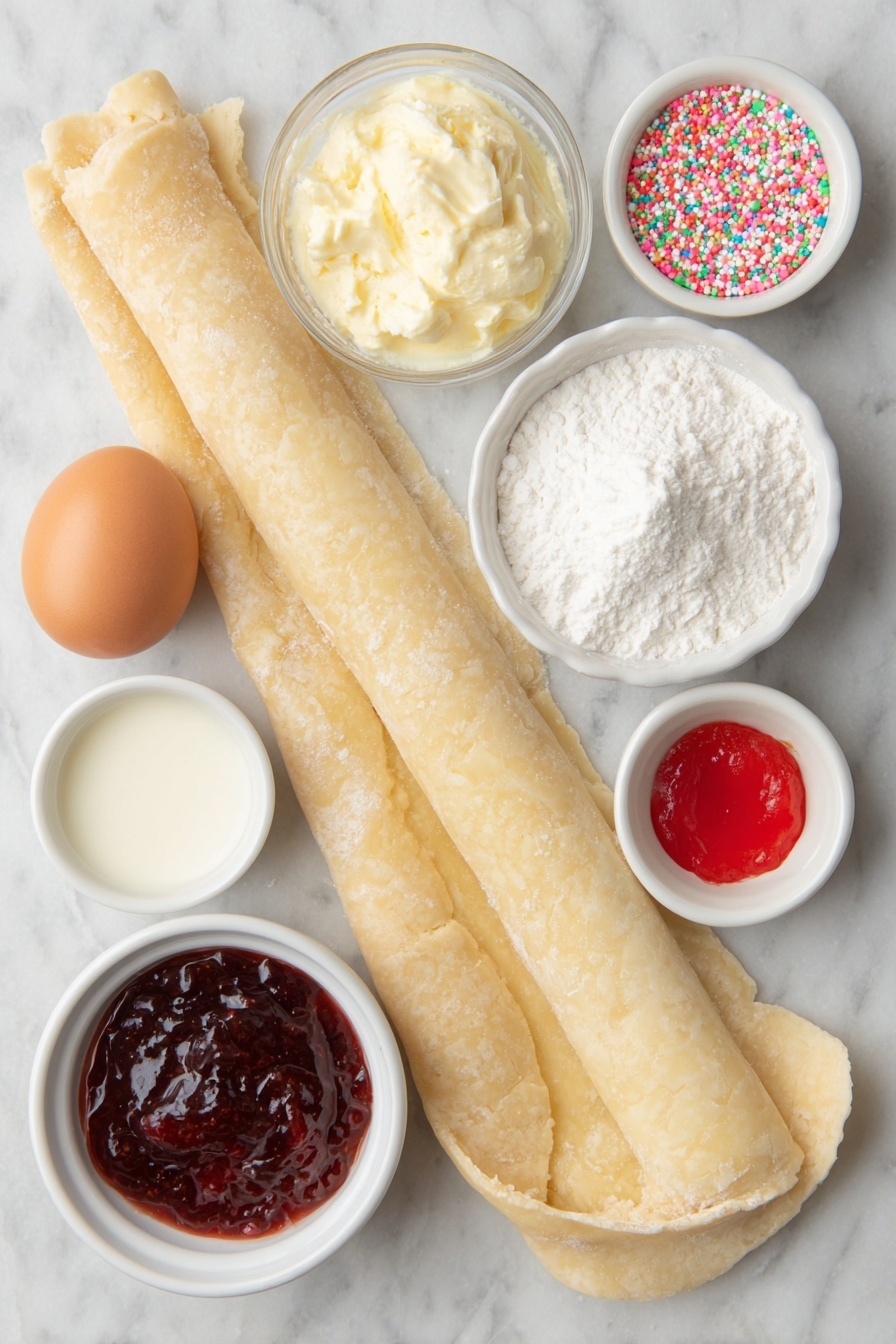 Flat lay of two unrolled sheets of smooth, pale beige premade pie crust dough, a small white ceramic bowl filled with vibrant red strawberry jam, one whole clean brown egg with uncracked shell, a small white bowl containing fine white confectioners sugar, another small white bowl with creamy milk, a third small white bowl holding clear pale vanilla extract, a tiny white bowl with a single drop of bright red liquid food coloring, and a scattering of colorful red and pink sprinkles artfully arranged beside the bowls, all items symmetrically placed on a clean white marble surface, soft natural light, photo taken with an iPhone, professional food photography style, fresh ingredients, white ceramic bowls, no bottles, no duplicates, no utensils, no packaging --ar 2:3 --v 7 --p m7354615311229779997 - Homemade Strawberry Pop Tarts, Strawberry Pop Tarts from scratch, Flaky homemade pop tarts, Easy strawberry pastry treats, Homemade breakfast pastries