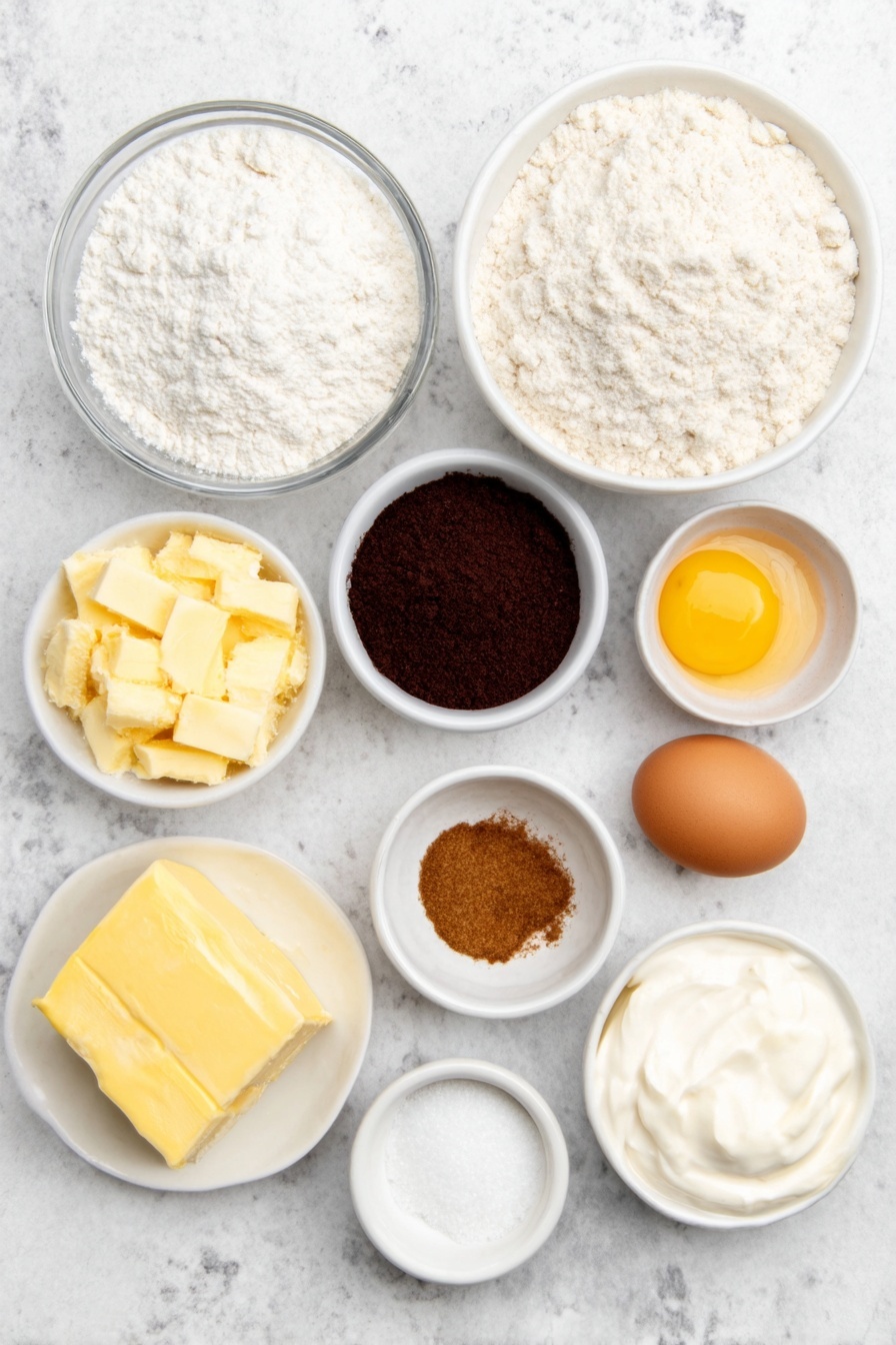 Flat lay of a small round glass bowl filled with active sourdough starter, a small white ceramic bowl of warm milk, a small white ceramic bowl holding dark brown sugar, a small white ceramic bowl with melted unsalted butter, a whole large egg with clean shell, a neat mound of bread flour, a small white ceramic bowl containing warm heavy cream, a small slab of softened unsalted butter, a small white ceramic bowl with a cinnamon and dark brown sugar mixture, a block of cream cheese, a small white ceramic bowl of powdered sugar, and a small white ceramic bowl of heavy cream placed on a clean white marble surface, soft natural light, photo taken with an iPhone, professional food photography style, fresh ingredients, white ceramic bowls, no bottles, no duplicates, no utensils, no packaging --ar 2:3 --v 7 --p m7354615311229779997 - Sourdough Cinnamon Rolls with Cream Cheese Frosting, sourdough cinnamon roll recipe, homemade cinnamon rolls with sourdough, soft cinnamon breakfast rolls, easy sourdough dessert rolls