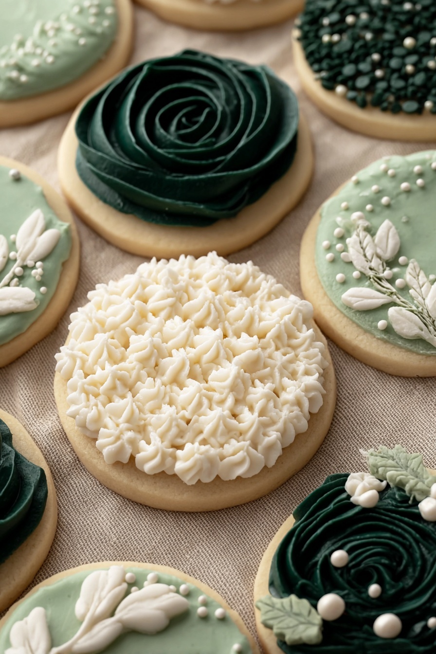 The image shows several round sugar cookies each with different frosting designs on top. One cookie in the center has thick white frosting piped in tight, wavy rows covering the entire top. Two cookies have smooth pale green frosting spread evenly across the surface with small white round sprinkles scattered on top. Two cookies have dark green frosting piped in a spiral rosette with a few white sprinkles on one side. Another cookie has a pale green base frosted with piped white cream ruffles forming a partial ring of decoration. One cookie is decorated with small dark green leaves and delicate white frosting flowers with white round sprinkles. All cookies rest on a light beige cloth on a white marbled background. The photo is taken with an iphone --ar 2:3 --v 7 - Easy Buttercream Frosting for Cookies, cookie decorating frosting recipe, simple buttercream frosting, quick cookie frosting, homemade buttercream for cookies