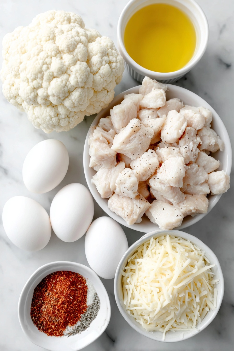 Flat lay of fresh bite-size cauliflower florets, raw skinless chicken breast cut into cubes sprinkled with onion powder, garlic powder, salt, and black pepper, a few whole white eggs with clean shells, small white ceramic bowls with creamy keto Alfredo sauce and golden olive oil, shredded mozzarella cheese in a white ceramic bowl, all arranged symmetrically and proportionally on a clean white marble surface, soft natural light, photo taken with an iPhone, professional food photography style, fresh ingredients, white ceramic bowls, no bottles, no duplicates, no utensils, no packaging --ar 2:3 --v 7 --p m7354615311229779997 - Keto Chicken Alfredo Casserole, low-carb chicken casserole, creamy keto chicken bake, keto cheesy chicken dish, keto dinner ideas